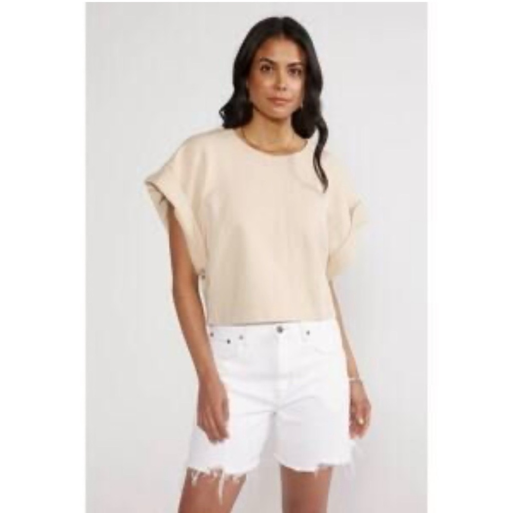 ética Short-Sleeve Crop Sweatshirt Boxy Top, Size L,  Color Light Beige